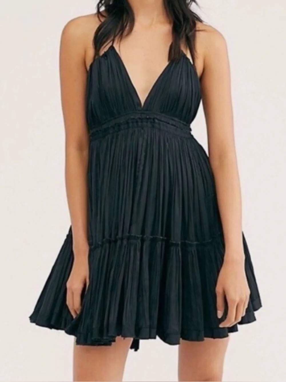Free People Dress Black Halter 100 Degrees of Shine mini Raw Trim Women's XL